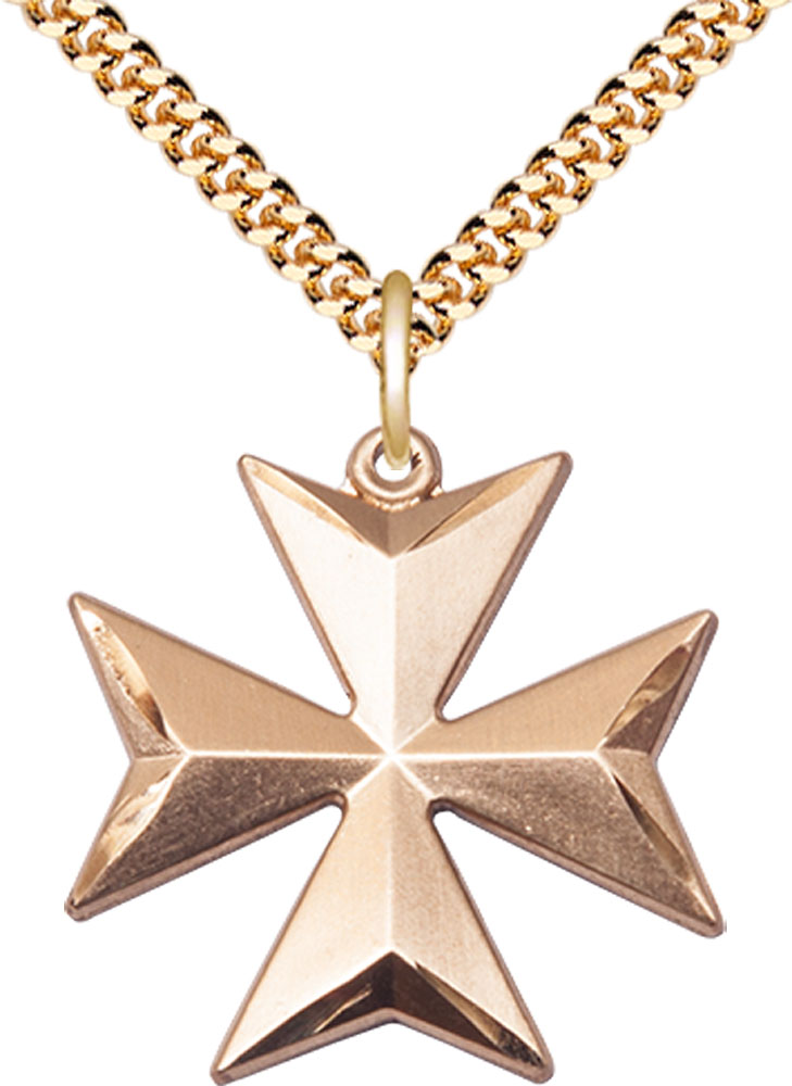 14kt Gold Filled Maltese Cross Pendant on a 24 inch Gold Plate Heavy Curb chain