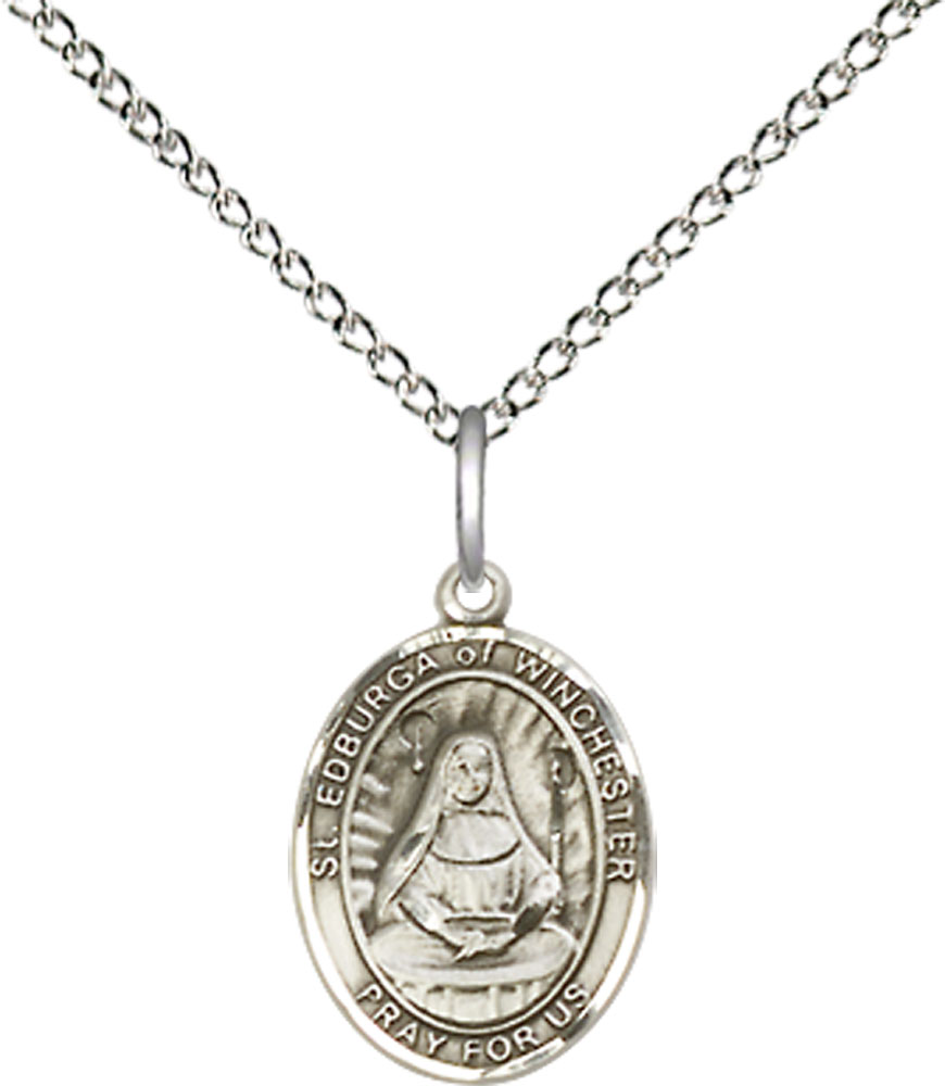Sterling Silver Saint Edburga of Winchester Pendant on a 18 inch Sterling Silver Light Curb chain
