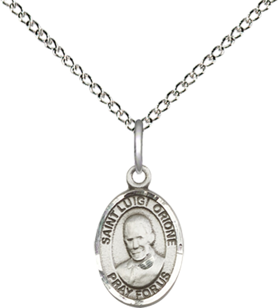 Sterling Silver Saint Luigi Orione Pendant on a 18 inch Sterling Silver Light Curb chain