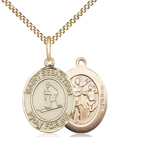 14kt Gold Filled Saint Sebastian Skiing Pendant on a 18 inch Gold Plate Light Curb chain