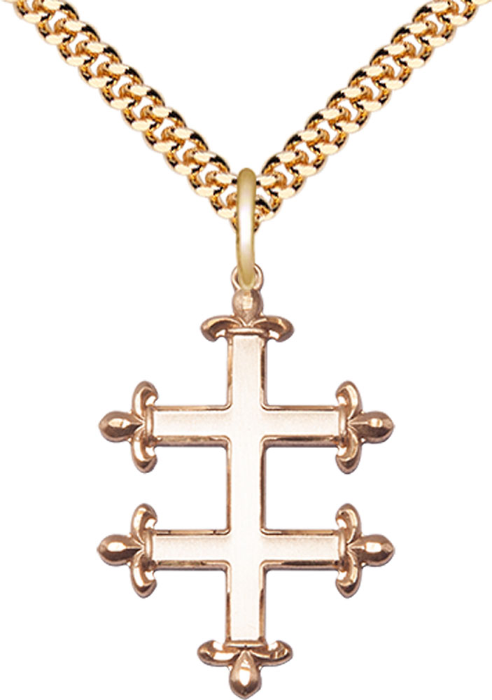 14kt Gold Filled Cross of Lorraine Pendant on a 24 inch Gold Plate Heavy Curb chain