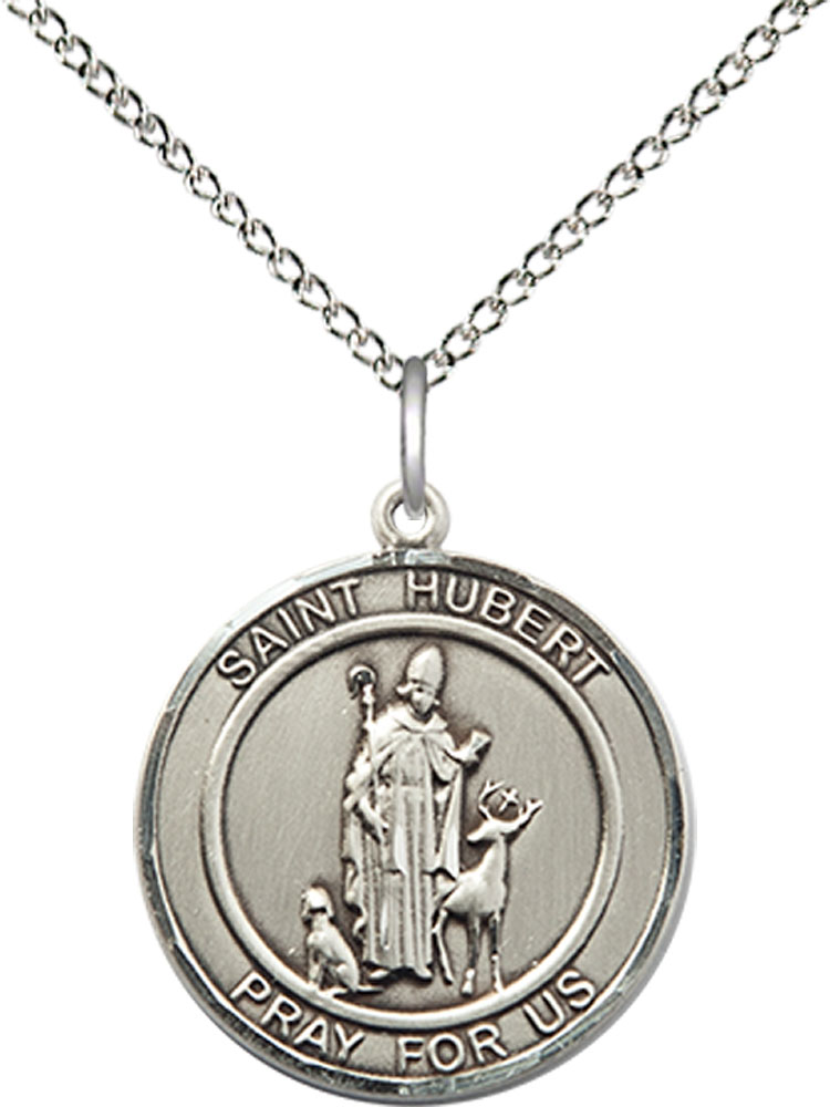 Sterling Silver Saint Hubert of Liege Pendant on a 18 inch Sterling Silver Light Curb chain