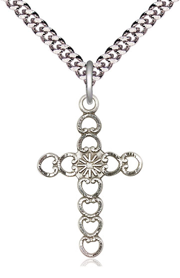 Sterling Silver Hearts w/Sunburst Pendant on a 24 inch Light Rhodium Heavy Curb chain
