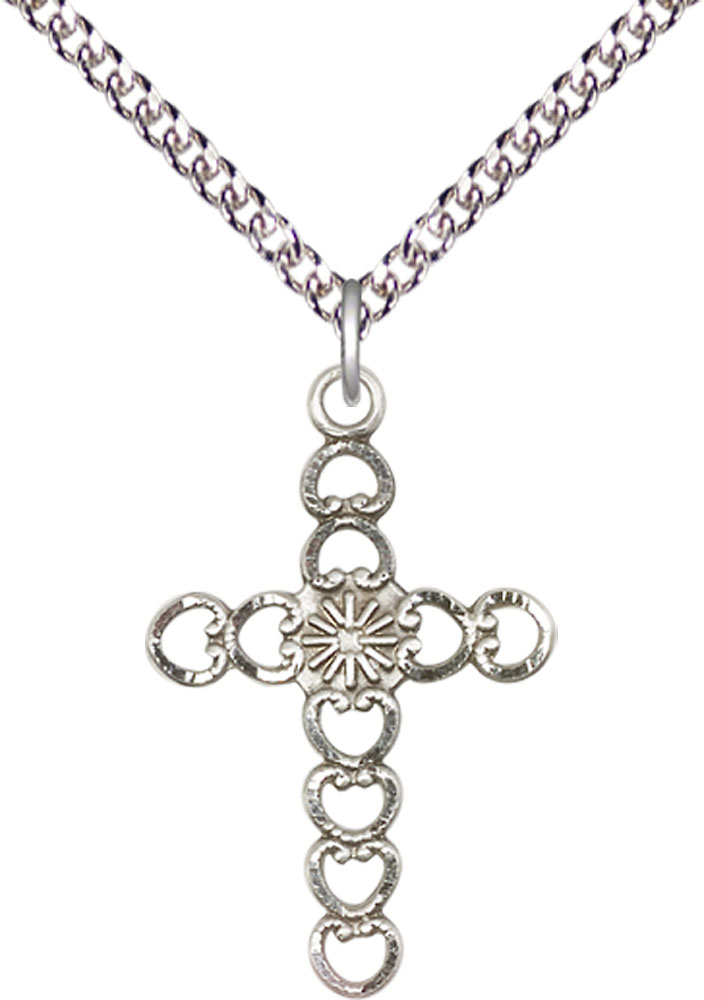 Sterling Silver Hearts w/Sunburst Pendant on a 24 inch Sterling Silver Heavy Curb chain