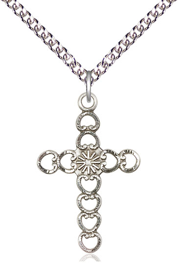 Sterling Silver Hearts w/Sunburst Pendant on a 24 inch Sterling Silver Heavy Curb chain