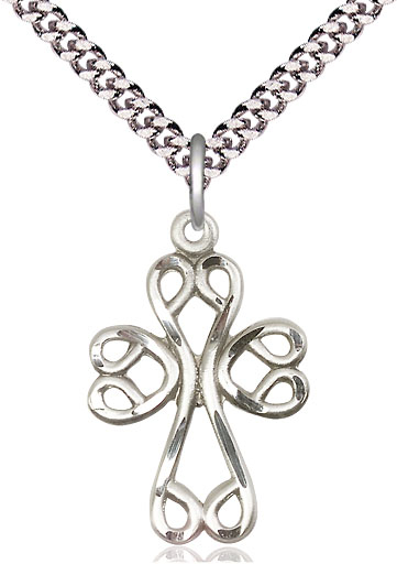 Sterling Silver Scroll Cross Pendant on a 24 inch Light Rhodium Heavy Curb chain