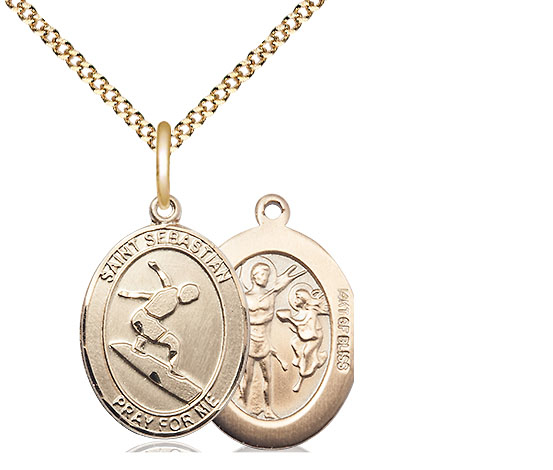 14kt Gold Filled Saint Sebastian Surfing Pendant on a 18 inch Gold Plate Light Curb chain