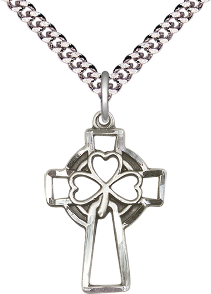 Sterling Silver Shamrock Cross Pendant on a 24 inch Light Rhodium Heavy Curb chain