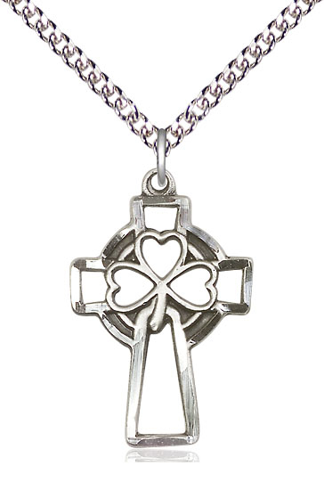 Sterling Silver Shamrock Cross Pendant on a 24 inch Sterling Silver Heavy Curb chain