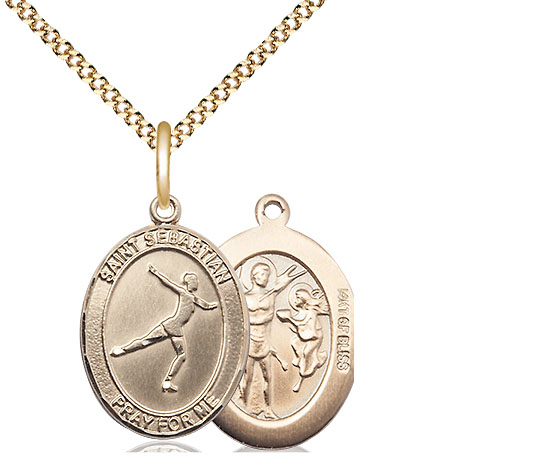 14kt Gold Filled Saint Sebastian Figure Skating Pendant on a 18 inch Gold Plate Light Curb chain