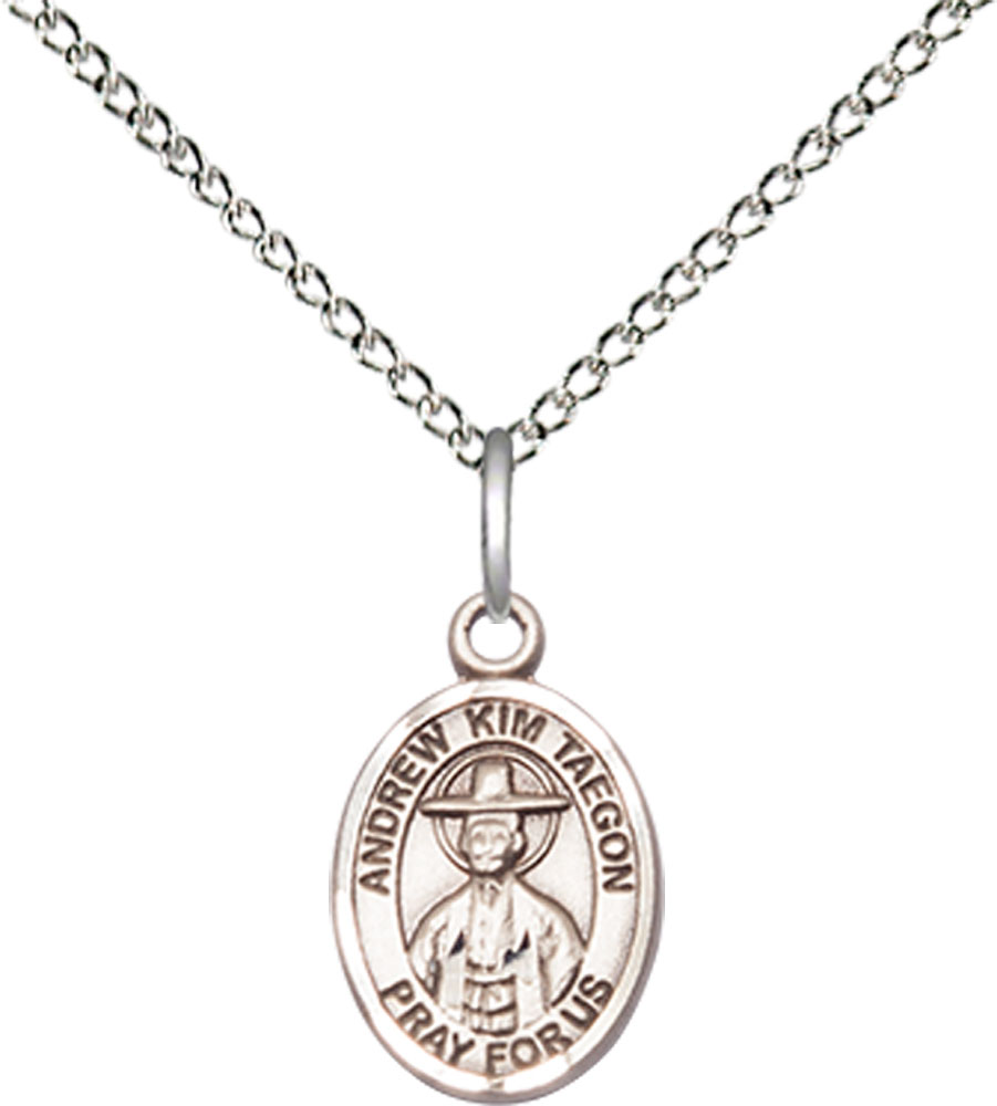 Sterling Silver Saint Andrew Kim Taegon Pendant on a 18 inch Sterling Silver Light Curb chain