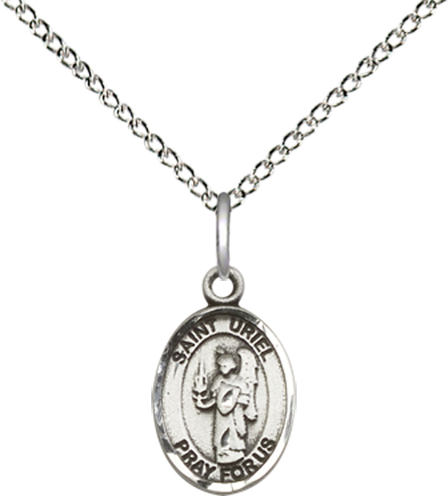 Sterling Silver Saint Uriel the Archangel Pendant on a 18 inch Sterling Silver Light Curb chain