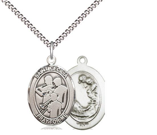 Sterling Silver Saint Cecilia Marching Band Pendant on a 18 inch Light Rhodium Light Curb chain