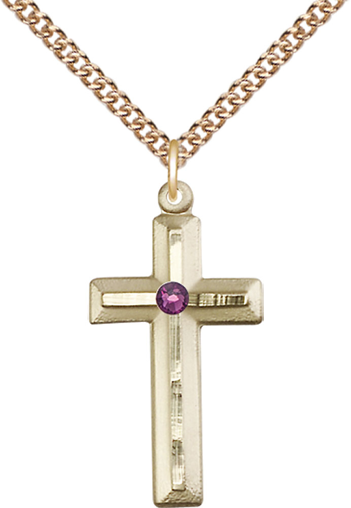 14kt Gold Filled Cross Pendant with a 3mm Amethyst Swarovski stone on a 24 inch Gold Filled Heavy Curb chain