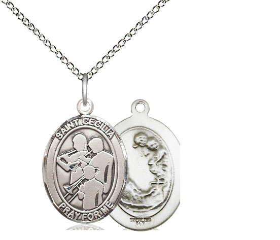 Sterling Silver Saint Cecilia Marching Band Pendant on a 18 inch Sterling Silver Light Curb chain