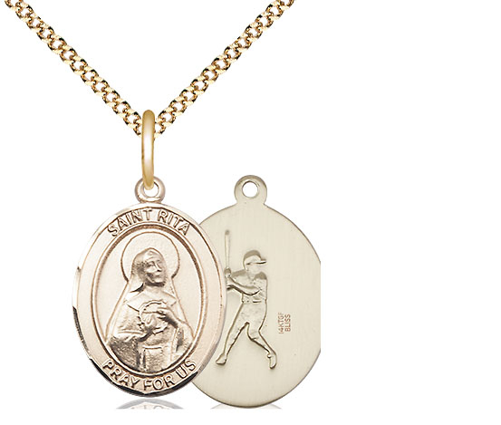 14kt Gold Filled Saint Rita Baseball Pendant on a 18 inch Gold Plate Light Curb chain