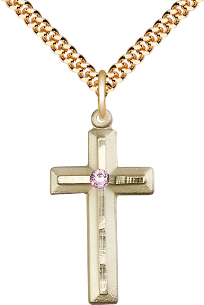 14kt Gold Filled Cross Pendant with a 3mm Light Amethyst Swarovski stone on a 24 inch Gold Plate Heavy Curb chain