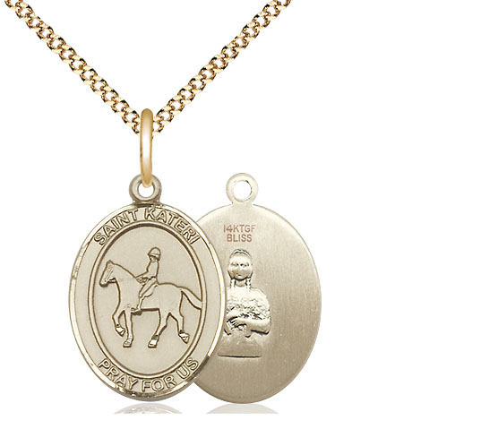 14kt Gold Filled Saint Kateri Equestrian Pendant on a 18 inch Gold Plate Light Curb chain