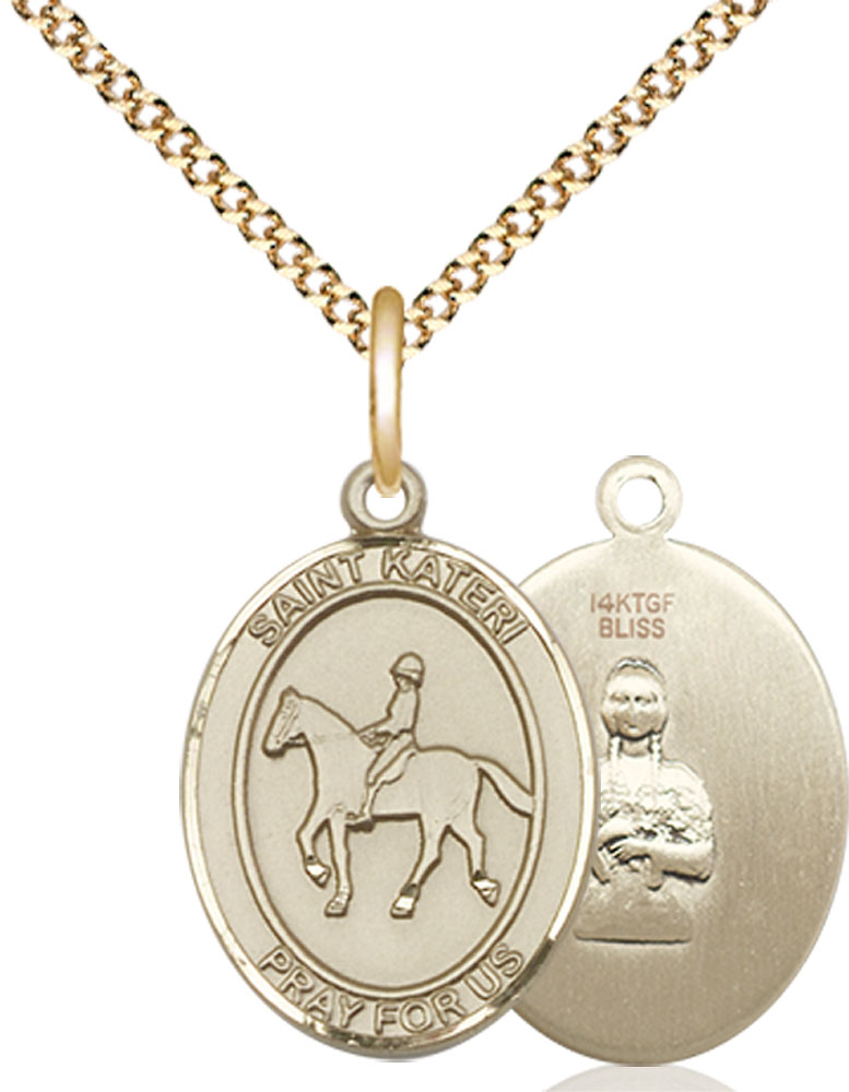 14kt Gold Filled Saint Kateri Equestrian Pendant on a 18 inch Gold Plate Light Curb chain
