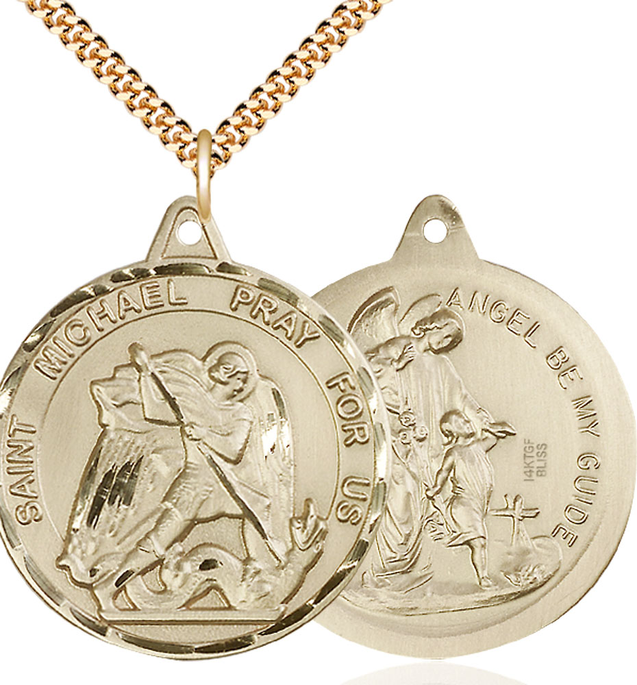14kt Gold Filled Saint Michael Guardian Angel Pendant on a 24 inch Gold Plate Heavy Curb chain