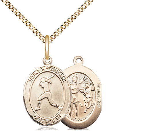 14kt Gold Filled Saint Sebastian  Softball Pendant on a 18 inch Gold Plate Light Curb chain