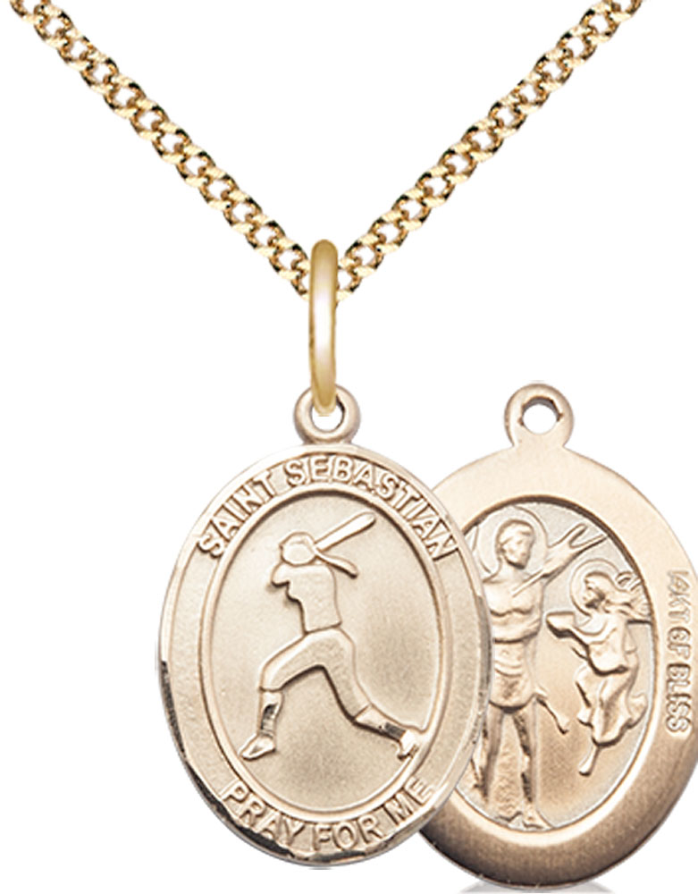 14kt Gold Filled Saint Sebastian  Softball Pendant on a 18 inch Gold Plate Light Curb chain