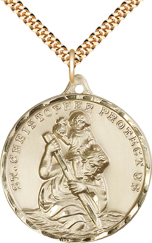 14kt Gold Filled Saint Christopher Pendant on a 24 inch Gold Plate Heavy Curb chain