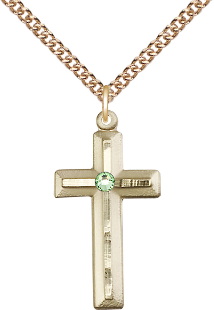 14kt Gold Filled Cross Pendant with a 3mm Peridot Swarovski stone on a 24 inch Gold Filled Heavy Curb chain