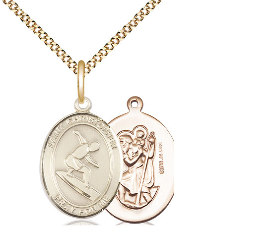 14kt Gold Filled Saint Christopher Surfing Pendant on a 18 inch Gold Plate Light Curb chain