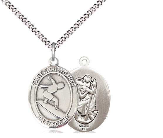 Sterling Silver Saint Christopher Surfing Pendant on a 18 inch Light Rhodium Light Curb chain