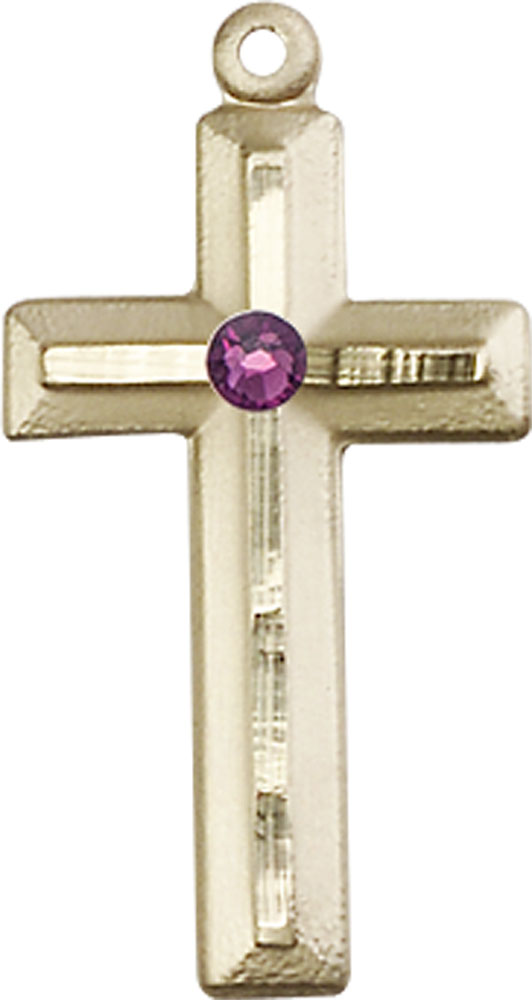 14kt Gold Cross Medal with a 3mm Amethyst Swarovski stone