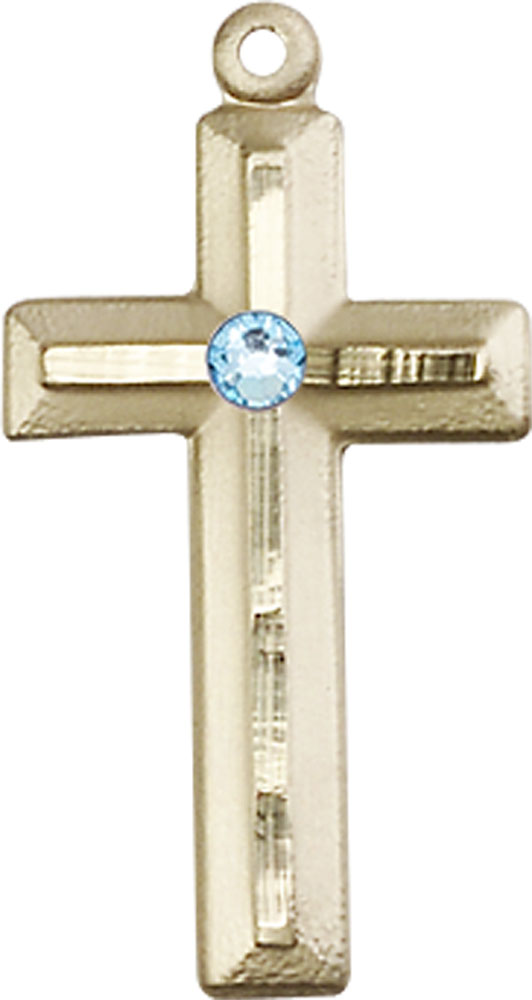 14kt Gold Cross Medal with a 3mm Aqua Swarovski stone