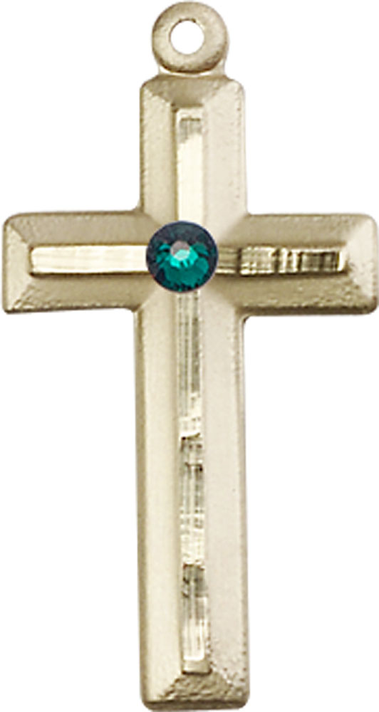 14kt Gold Cross Medal with a 3mm Emerald Swarovski stone