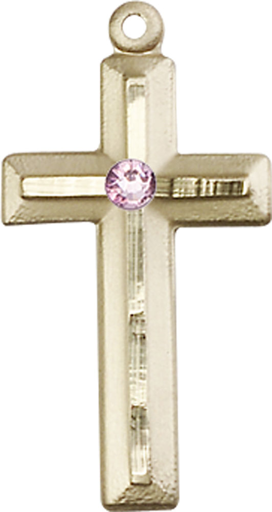 14kt Gold Cross Medal with a 3mm Light Amethyst Swarovski stone