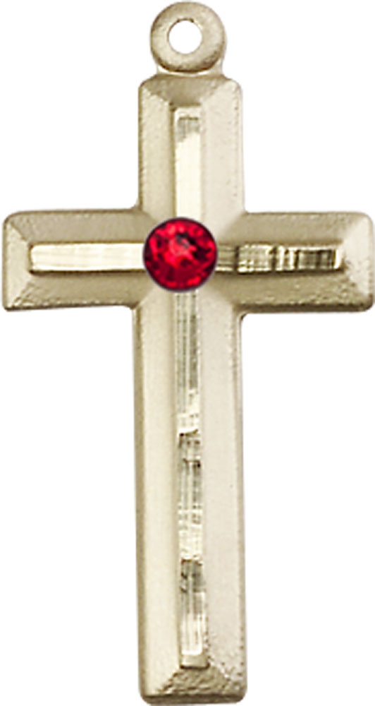 14kt Gold Cross Medal with a 3mm Ruby Swarovski stone