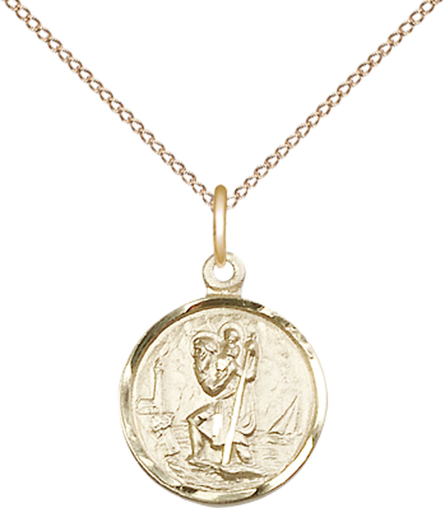 14kt Gold Filled Saint Christopher Pendant on a 18 inch Gold Filled Light Curb chain
