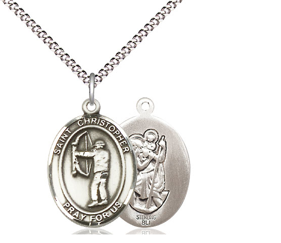 Sterling Silver Saint Christopher Archery Pendant on a 18 inch Light Rhodium Light Curb chain