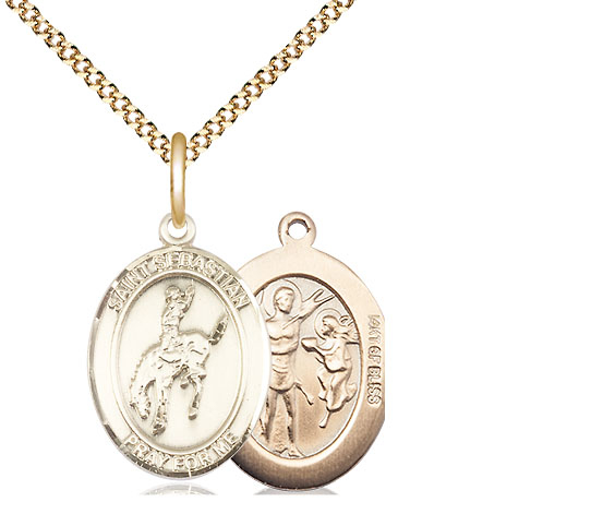 14kt Gold Filled Saint Sebastian Rodeo Pendant on a 18 inch Gold Plate Light Curb chain
