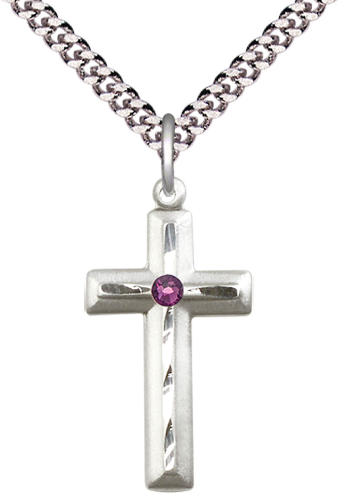 Sterling Silver Cross Pendant with a 3mm Amethyst Swarovski stone on a 24 inch Light Rhodium Heavy Curb chain