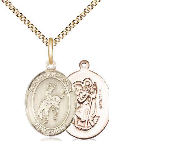14kt Gold Filled Saint Christopher Rodeo Pendant on a 18 inch Gold Plate Light Curb chain