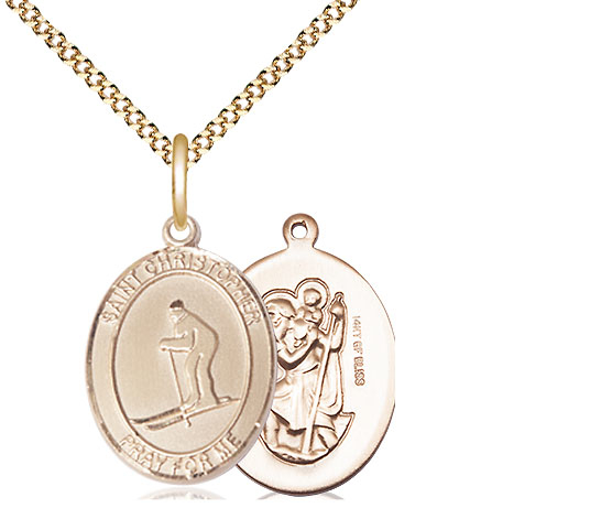 14kt Gold Filled Saint Christopher Skiing Pendant on a 18 inch Gold Plate Light Curb chain