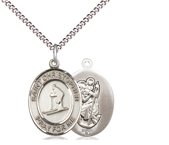 Sterling Silver Saint Christopher Skiing Pendant on a 18 inch Light Rhodium Light Curb chain