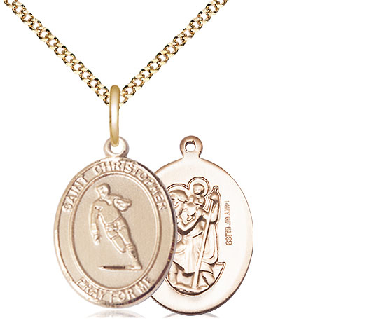 14kt Gold Filled Saint Christopher Rugby Pendant on a 18 inch Gold Plate Light Curb chain