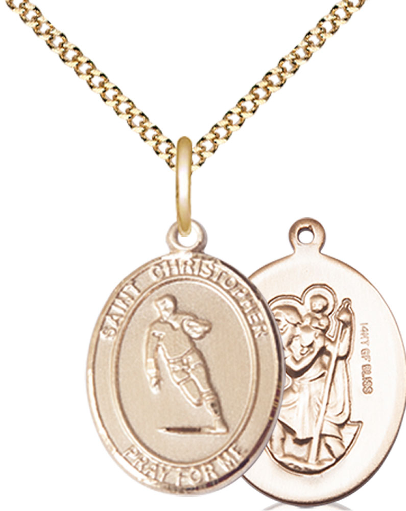 14kt Gold Filled Saint Christopher Rugby Pendant on a 18 inch Gold Plate Light Curb chain