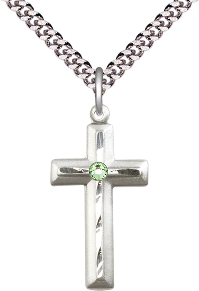 Sterling Silver Cross Pendant with a 3mm Peridot Swarovski stone on a 24 inch Light Rhodium Heavy Curb chain