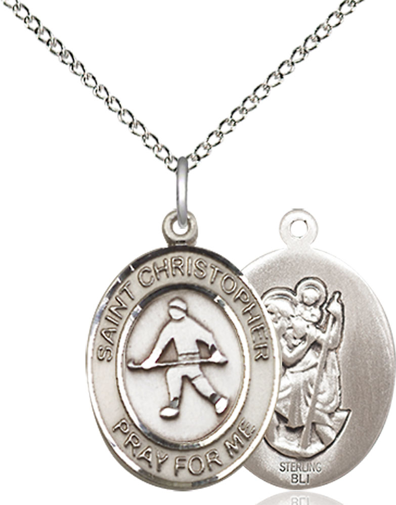 Sterling Silver Saint Christopher Field Hockey Pendant on a 18 inch Sterling Silver Light Curb chain