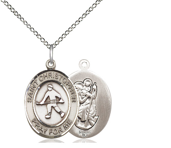 Sterling Silver Saint Christopher Field Hockey Pendant on a 18 inch Sterling Silver Light Curb chain