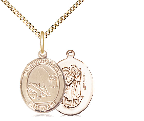 14kt Gold Filled Saint Christopher Fishing Pendant on a 18 inch Gold Plate Light Curb chain