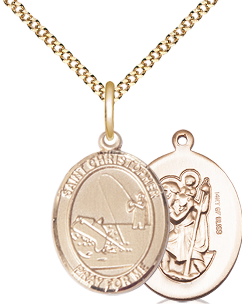 14kt Gold Filled Saint Christopher Fishing Pendant on a 18 inch Gold Plate Light Curb chain
