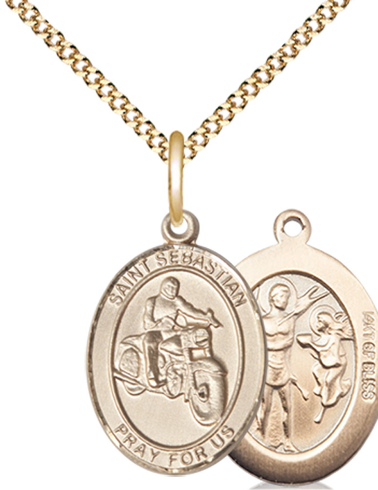 14kt Gold Filled Saint Sebastian Motorcycle Pendant on a 18 inch Gold Plate Light Curb chain